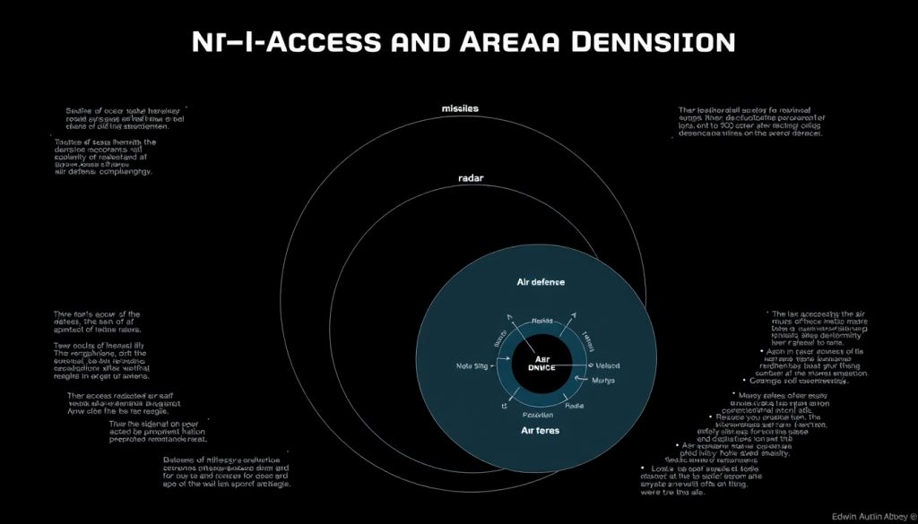 Sơ đồ hệ thống A2/AD với các lớp phòng thủ gồm tên lửa, radar và vùng kiểm soát chồng lấn