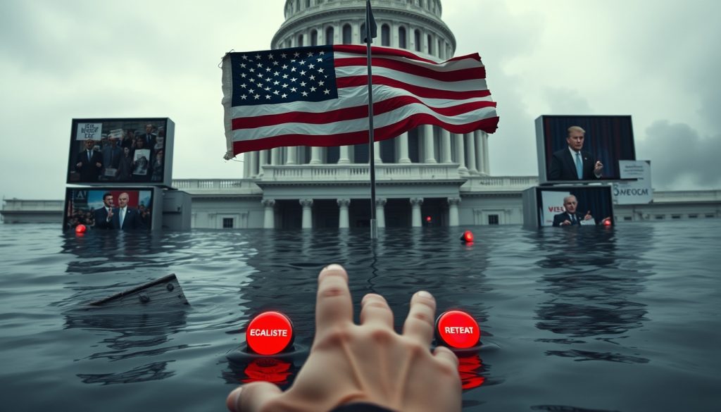 Điện Capitol ngập trong nước, những màn hình TV nổi lên cho thấy hình ảnh phản chiến, quan tài lính Mỹ, và chính trị gia đang chịu áp lực. Một bàn tay đang do dự giữa hai nút bấm "Leo thang" và "Rút lui", cả hai đều phát sáng đỏ. Hình ảnh ẩn dụ cho sự sa lầy chính trị trong chiến tranh hiện đại, nơi áp lực dư luận trong nước và sự mất chính danh quốc tế khiến mọi quyết định đều trở nên tồi tệ.