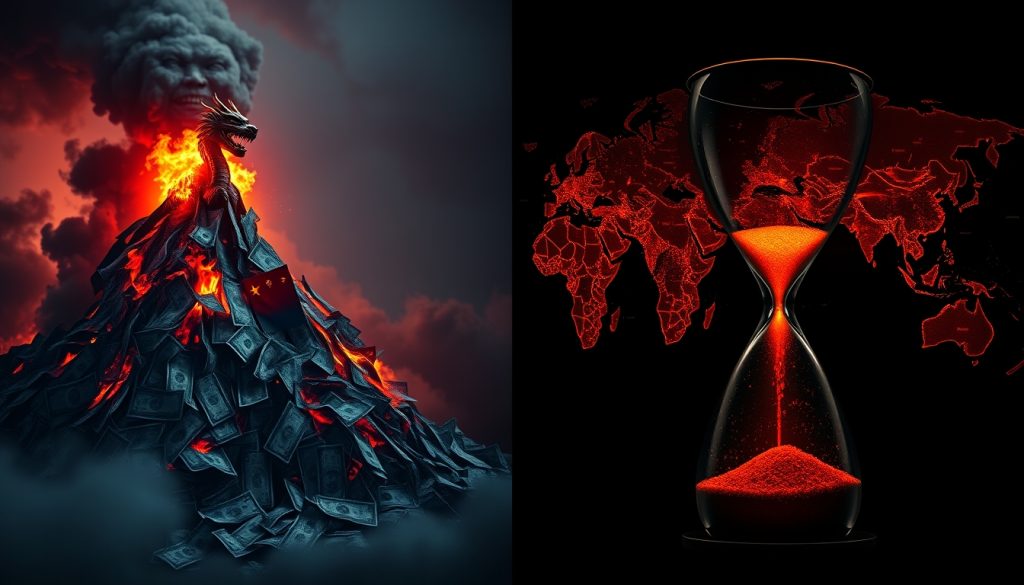 Hình ảnh chia đôi: bên trái là núi tiền đô la cháy, khói bốc lên tạo hình rồng Trung Quốc và gấu Nga; bên phải là bản đồ thế giới với eo biển Hormuz rực đỏ như vết thương hở, các tàu dầu bị đóng băng. Phía trước là đồng hồ cát sắp cạn, bên dưới là những bóng người rơi vào bóng tối. Ẩn dụ cho sự sa lầy kinh tế (chi phí chiến tranh, đứt gãy chuỗi cung ứng) và sa lầy chiến lược (đối thủ trỗi dậy khi siêu cường bị phân tán).