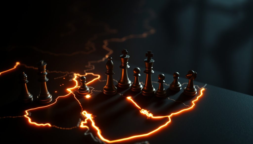 Bàn cờ địa chính trị Trung Đông với bản đồ khu vực, các quốc gia như Iran, Israel, Saudi Arabia phát sáng, quân cờ tượng trưng cho quyền lực, dầu mỏ và chiến lược quân sự trong bối cảnh căng thẳng toàn cầu.