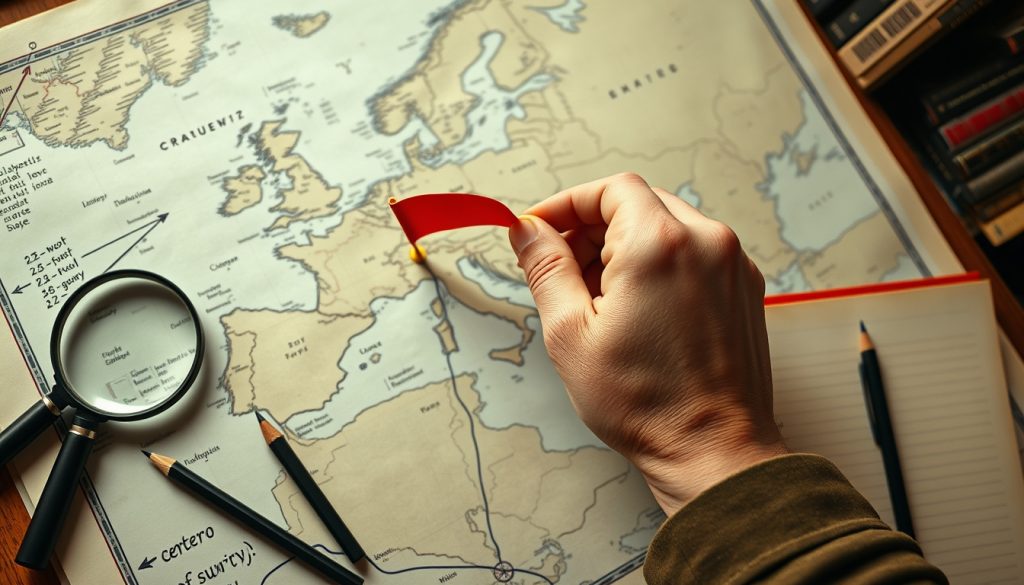 Bàn tay đặt cờ đỏ lên bản đồ địa chính trị có ghi chú phân tích – ảnh minh họa tư duy phân tích chiến lược quân sự