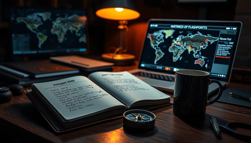 Bàn làm việc của chuyên gia phân tích địa chính trị với bản đồ điểm nóng, máy tính và sổ tay chiến lược – Khuyến khích độc giả theo dõi chuyên sâu trên phunglongstrategy.com