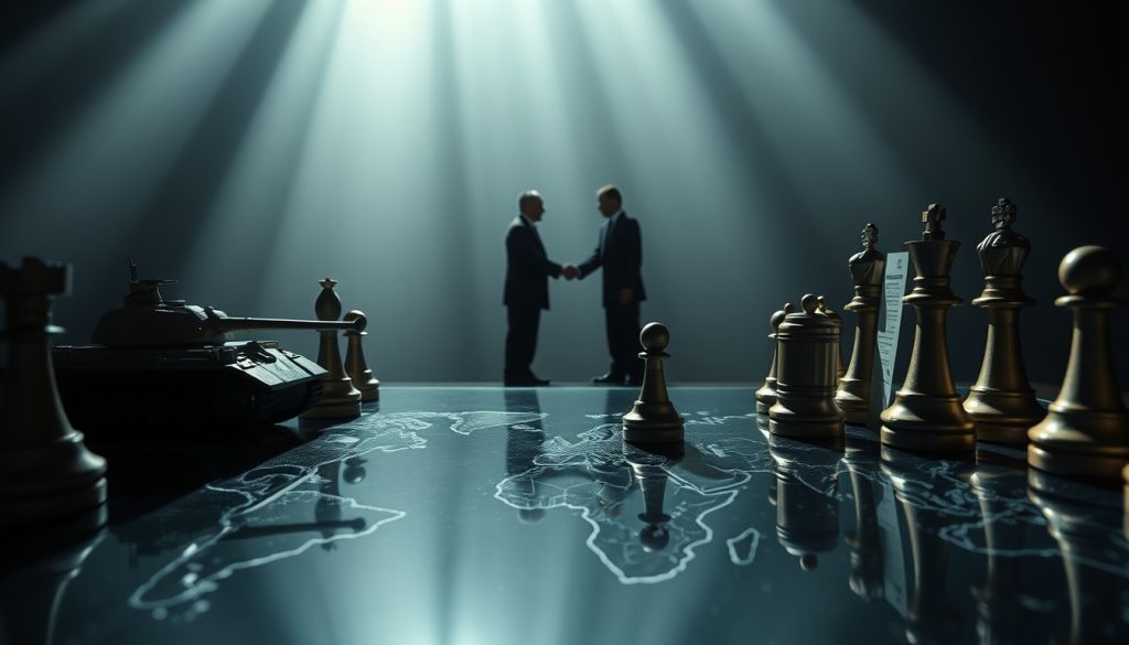 Bàn cờ thế giới với các quân cờ tượng trưng cho xe tăng, vệ tinh, dầu mỏ và hiệp ước – ảnh kết thúc chuyên mục Phân tích chiến lược