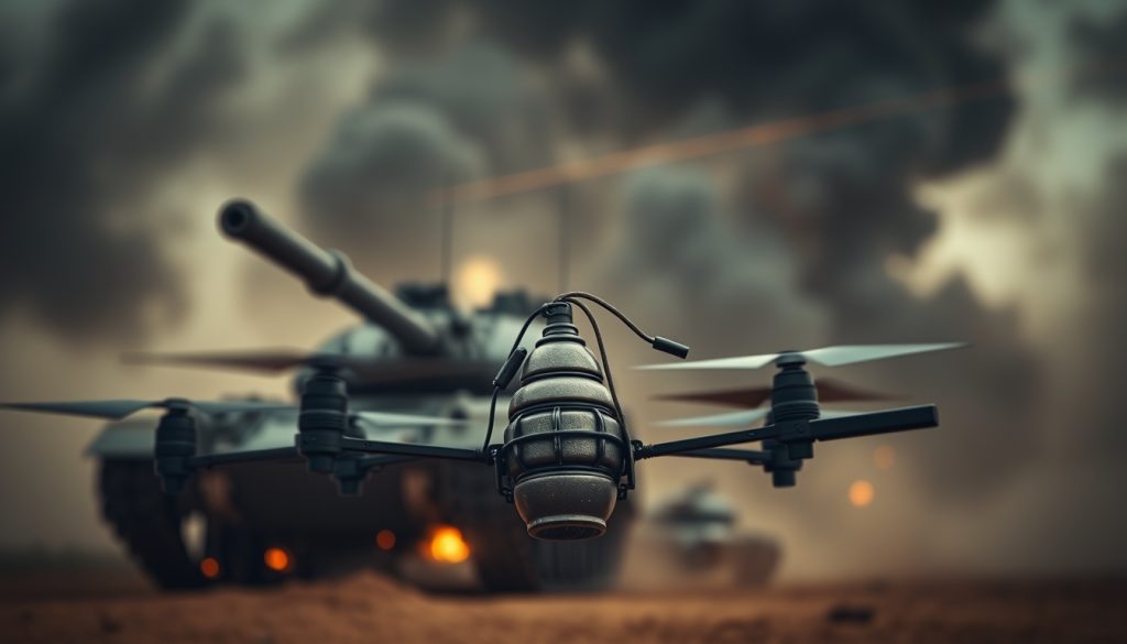 Cận cảnh một chiếc drone cảm tử FPV nhỏ đang lơ lửng đe dọa phía trước, hậu cảnh mờ là bóng một chiếc xe tăng chiến đấu chủ lực khổng lồ đang bốc cháy và khói đen nghi ngút.