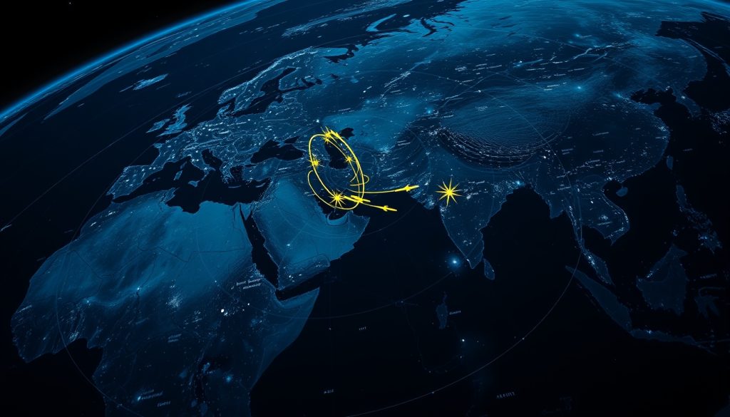Bản đồ chiến trường toàn cầu với các vùng kiểm soát không gian A2/AD và đường bay chiến lược