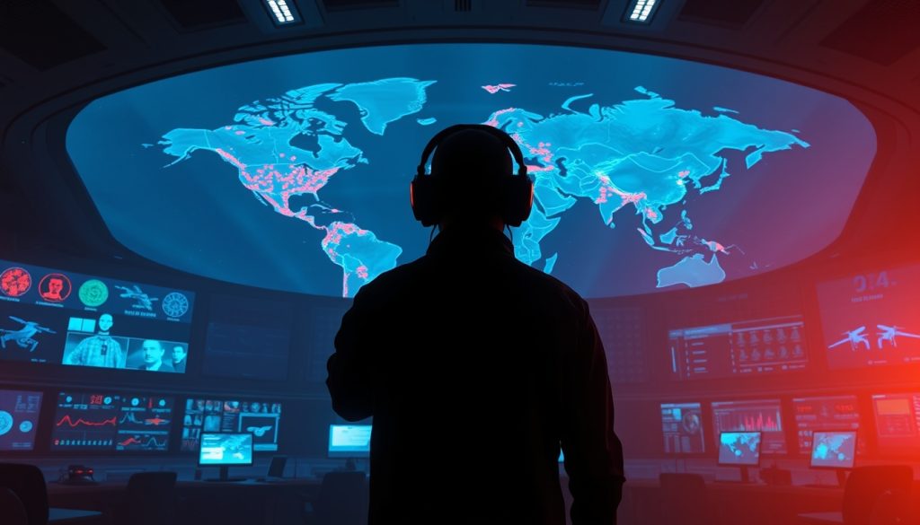 Bên trong trung tâm chỉ huy tác chiến tương lai tối mờ. Một màn hình hologram khổng lồ hiển thị quả địa cầu 3D với các điểm nóng tấn công mạng, drone và gây nhiễu điện tử. Bóng người điều khiển đeo tai nghe thần kinh đang tương tác với giao diện ảo.