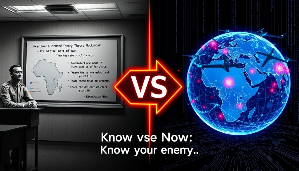 Hình ảnh so sánh học thuyết địa chính trị cổ điển (Heartland) và chiến tranh công nghệ hiện đại (drone, mạng) – minh họa trụ cột nội dung chuyên mục