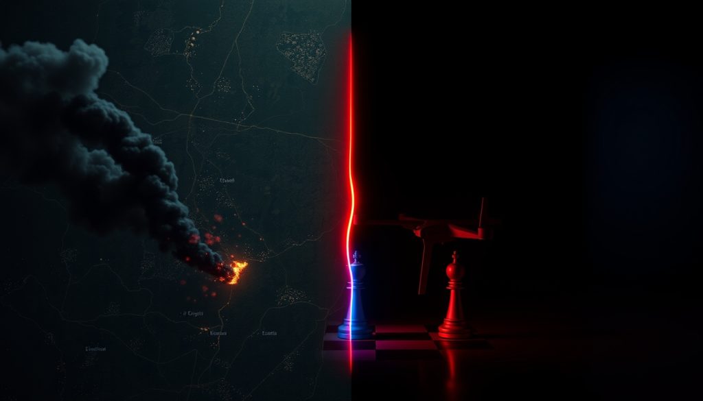 Hình ảnh so sánh giữa vùng xung đột thực tế và các cường quốc đang thao túng hậu trường – Minh họa cho phân tích lôi kéo cường quốc tại các điểm nóng