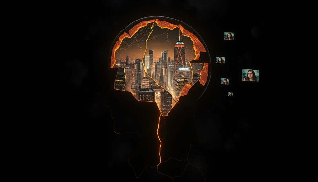 Nghệ thuật siêu thực: Hình bóng đầu người bằng sứ phát sáng nhưng rạn nứt. Bên trong vết nứt lộ ra một thành phố hỗn loạn bị nhấn chìm bởi dòng mã nhị phân và các màn hình video giả mạo. Ánh sáng vàng ấm áp chiếu vào từ bên ngoài bóng tối.