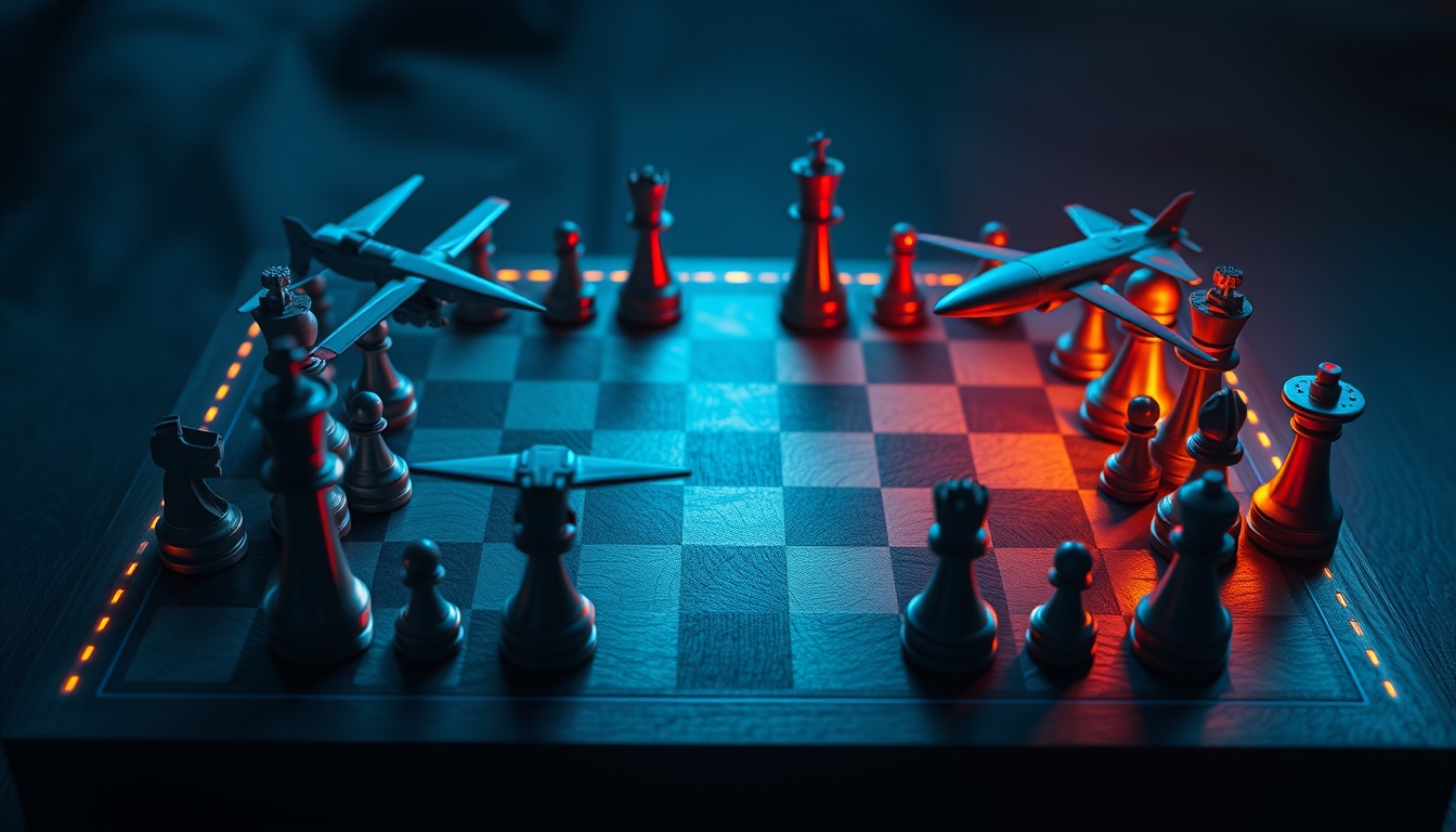 Geopolitical chessboard with military technology pieces including satellites, drones, hypersonic weapons and lasers – symbolizing power shift through military innovation