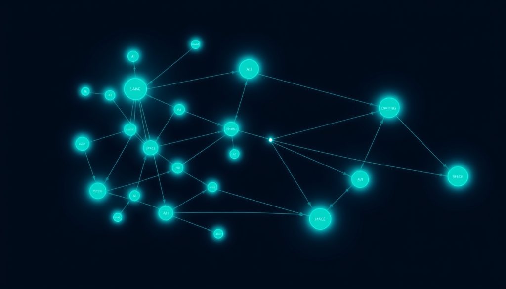 Network diagram showing vertical and horizontal content links for military technology articles – AI, hypersonic weapons, drone warfare, space and South China Sea nodes