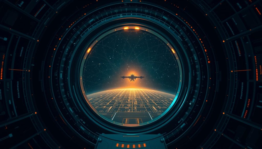Futuristic digital portal opening to military technology landscape with satellites, orbital weapons and data streams – symbolizing entry into the world of strategic military innovation