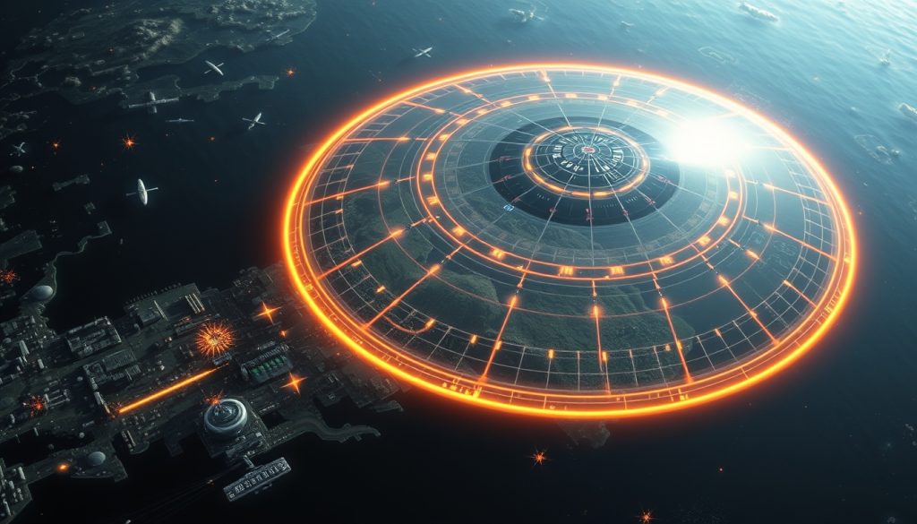 Minh họa chiến lược A2/AD với vùng phòng thủ dạng bong bóng bao phủ khu vực ven biển bằng radar và tên lửa