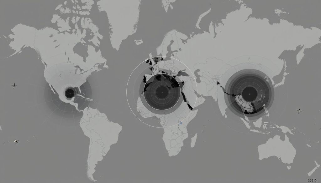 Minh họa điểm mù chiến thuật với khoảng trống giữa các vùng phủ radar và hỏa lực trên bản đồ chiến trường