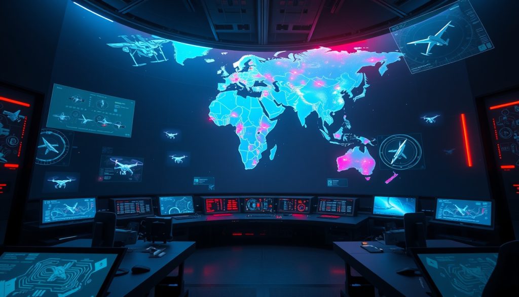 Futuristic military command center with holographic geopolitical map, AI data, drone swarms and satellite orbits – illustration for military technology and geopolitics analysis