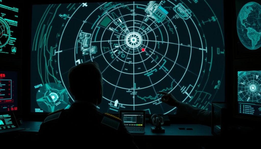 Một chỉ huy nhìn vào màn hình radar hoàn hảo, nhưng một chấm đỏ bất thường ở góc bị bỏ qua; một sĩ quan khác chỉ tay về phía đó.  