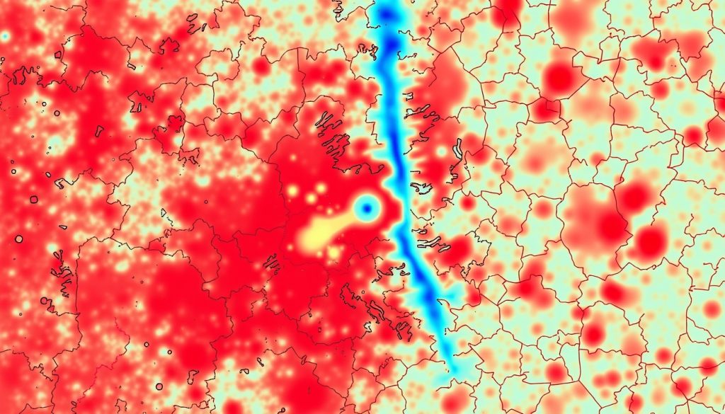 Bản đồ nhiệt vùng phòng thủ, màu đỏ đậm là khu vực hỏa lực dày đặc nhưng vẫn nguyên vẹn, một hành lang nhỏ màu xanh lam lạnh xuyên qua giữa – nơi hệ thống sụp đổ.  