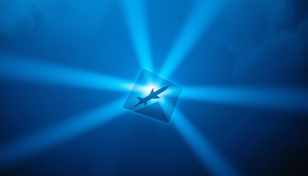 Three rotating radar beams leaving dark triangular blind zones at intersections; a hypersonic missile passes through a blind spot undetected.