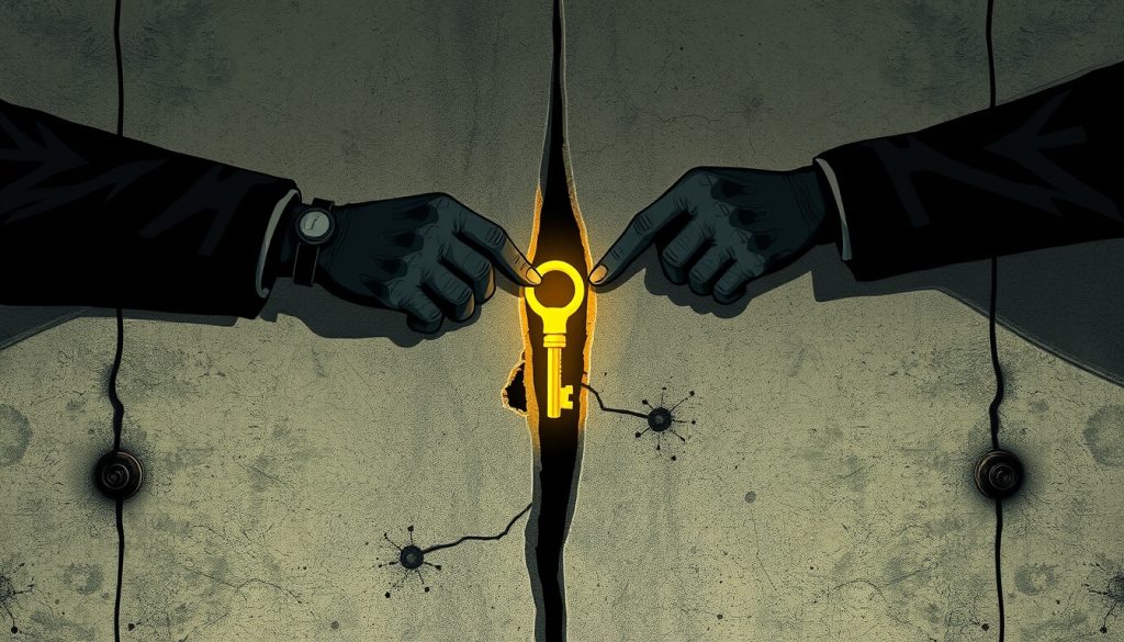 Minh họa trừu tượng hai bàn tay – một của người phòng thủ, một của người tấn công – trao nhau một chiếc chìa khóa phát sáng qua một vết nứt nhỏ trên tường bê tông có gắn cảm biến.  