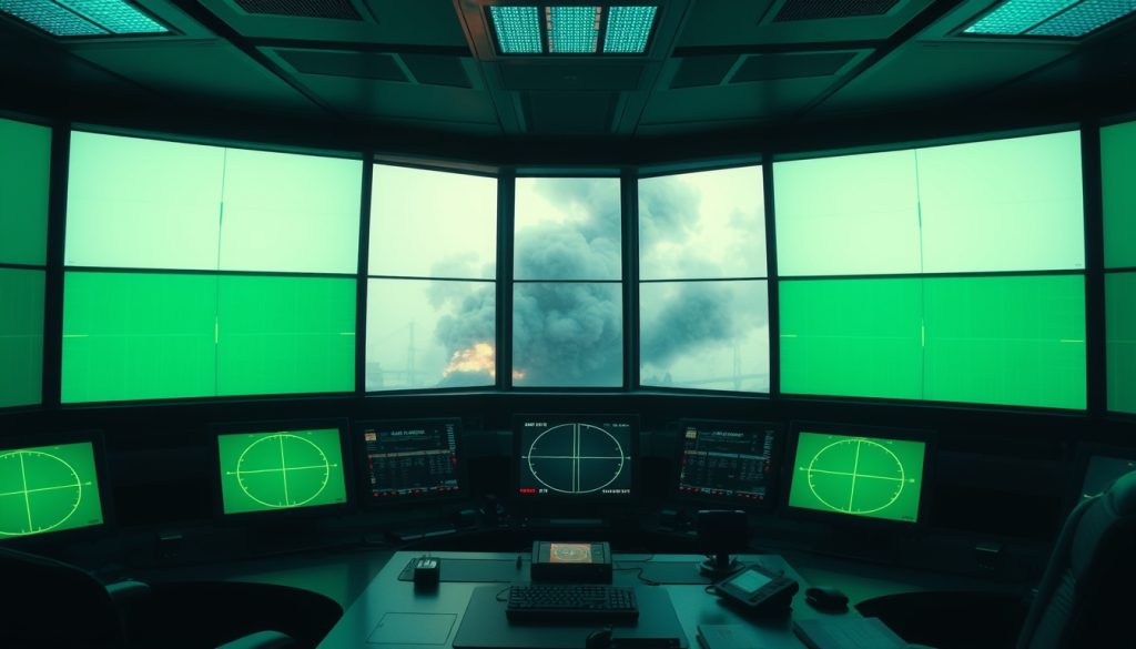 Phòng điều khiển với nhiều màn hình radar hiển thị màu xanh tĩnh (không có mục tiêu); bên ngoài cửa sổ, một vụ nổ hoặc xâm nhập đang diễn ra trong im lặng.  