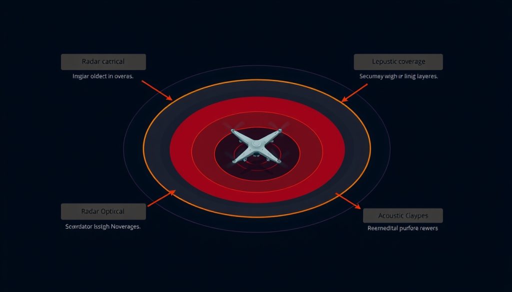 Sơ đồ isometric hệ thống phòng thủ nhiều lớp với các vùng phủ radar, quang học và âm thanh; một khe hở màu đỏ nhỏ nằm giữa các lớp, có drone bay qua.  