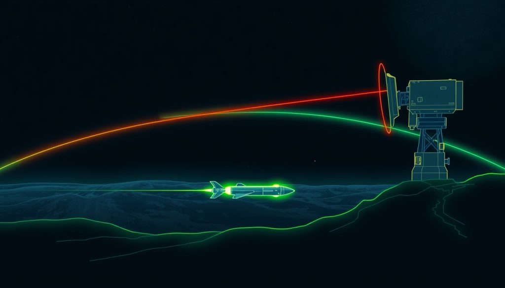 Hình cắt dọc trạm radar mặt đất, đường cong Trái Đất; tên lửa bay thấp bên dưới chùm tia radar, chùm tia dừng phía trên mục tiêu.  