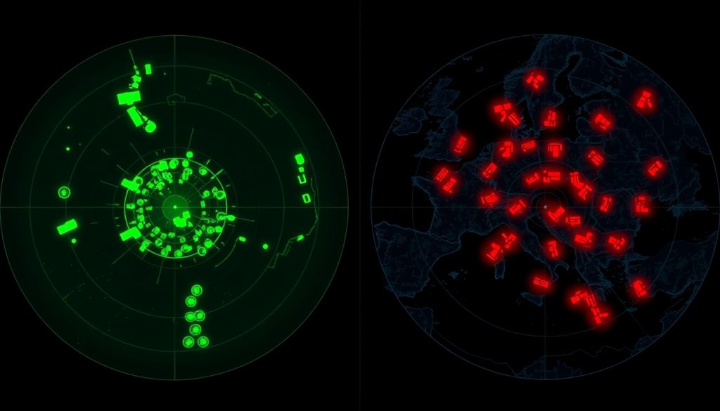 Split-screen comparison: left side shows perfect radar coverage as perceived by commander; right side reveals hidden enemy units moving through uncovered corridors.