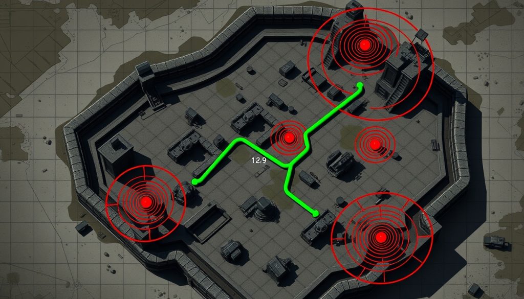 Nhìn từ trên xuống một căn cứ quân sự với các lớp phòng thủ dạng cung tròn; một đường màu xanh lá cây ngoằn ngoèo đi xuyên qua các khe hở giữa các vùng phát hiện màu đỏ.  
