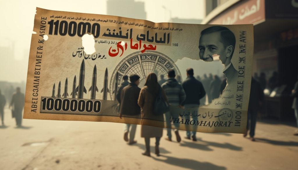 Tờ tiền Rial 100,000 phai màu bay trong gió, bên trong hình ảnh tờ tiền là hàng người dài xếp hàng chờ mua bánh mì trên phố Tehran mờ ảo trong khói bụi, những lỗ thủng trên tiền hình bóng tên lửa.