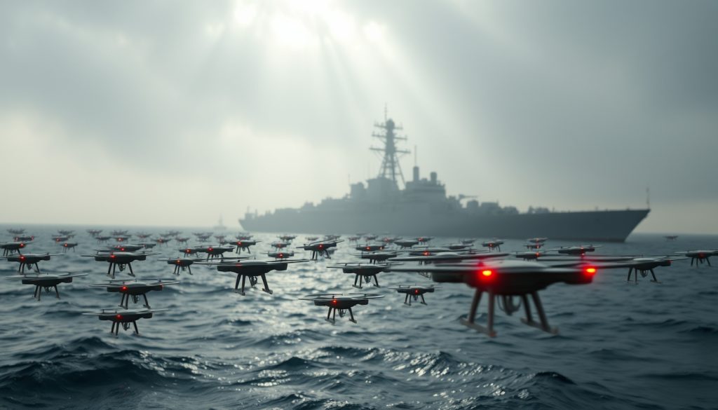 Tàu khu trục Mỹ khổng lồ mờ ảo phía xa, tiền cảnh sắc nét là một đàn hàng trăm drone biển nhỏ thô sơ của Iran mang đèn đỏ nhấp nháy đang bay là là mặt nước như đàn châu chấu chuẩn bị nuốt chửng tàu chiến.