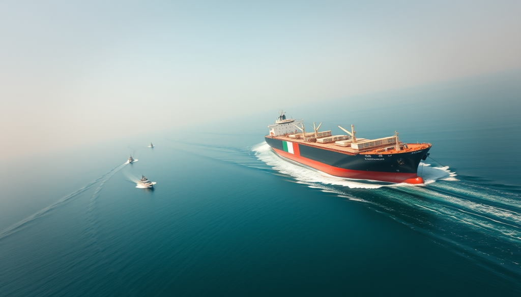 Nhìn từ trên cao xuống eo biển Hormuz hẹp, một bên là tàu chở dầu khổng lồ, một bên là tàu chiến nhỏ hơn nhưng hiện diện đầy đe dọa.