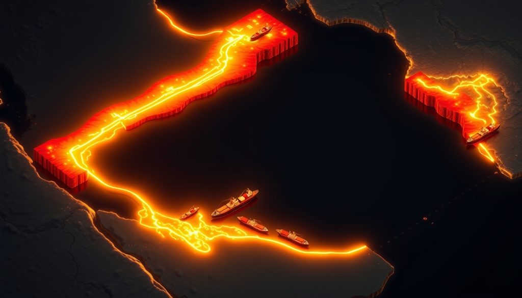 Infographic 3D minh họa Eo biển Hormuz như một mạch máu dầu mỏ quan trọng của thế giới, với các tàu chở dầu đang xếp hàng qua vùng biển hẹp.