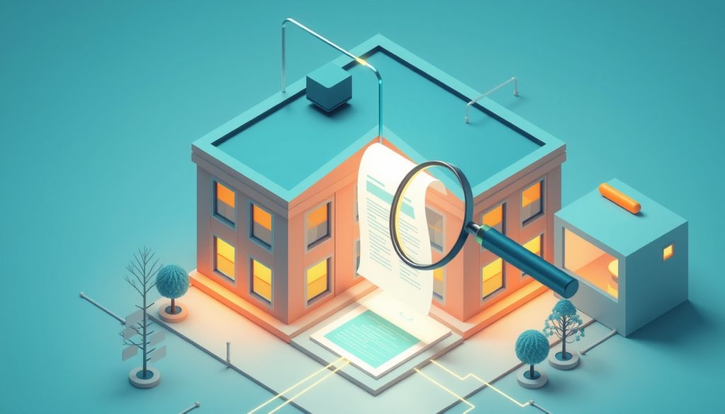 Minh họa isometric một trụ sở hành chính cấp xã tối giản, kết nối bằng cáp quang đến một kính lúp đang soi vào một mảnh chứng cứ. Thể hiện khái niệm “thông tin gần nơi xảy ra vi phạm nhất”. Tông xanh teal và hổ phách ấm.