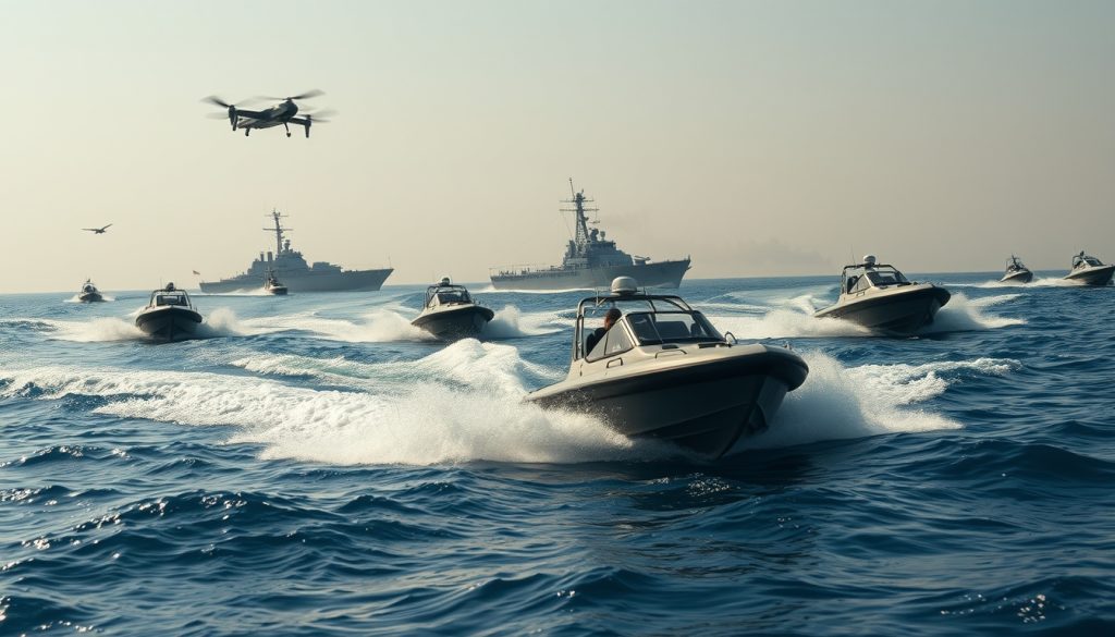| Một đội tàu cao tốc nhỏ của Iran lao nhanh trên mặt nước, phía trên là một UAV Shahed đang bay, ở hậu cảnh một tàu khu trục Mỹ, bầu trời đầy khói