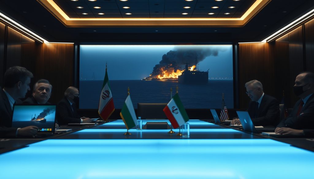 Một căn phòng họp tối màu với quốc kỳ Iran và Mỹ trên bàn, bên ngoài cửa sổ là cảnh eo biển Hormuz vẫn đang bốc khói, ánh sáng từ màn hình máy tính chiếu lên khuôn mặt mệt mỏi của các nhà ngoại giao