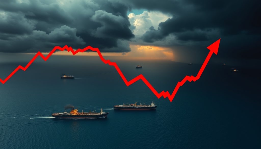 Ảnh chụp eo biển Hormuz với tàu chở dầu đang di chuyển, phía trên là biểu đồ giá dầu tăng vọt đường đỏ, nền mây đen kết hợp ánh lửa từ xa