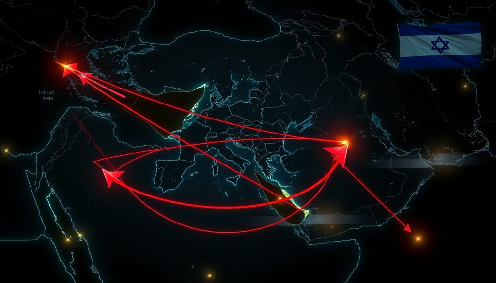 Sơ đồ chiến lược ba lớp của Iran: tên lửa trực tiếp, các mũi tên từ Hezbollah (Lebanon), Houthi (Yemen) và lực lượng Shiite (Iraq) hội tụ về Israel và căn cứ Mỹ, nền bản đồ khu vực