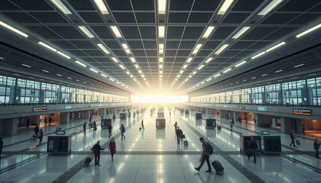 Hình ảnh các luồng di chuyển hội tụ qua một hệ thống điều phối vô hình, tượng trưng cho vai trò của luật chơi trong kiểm soát dòng chảy hàng không